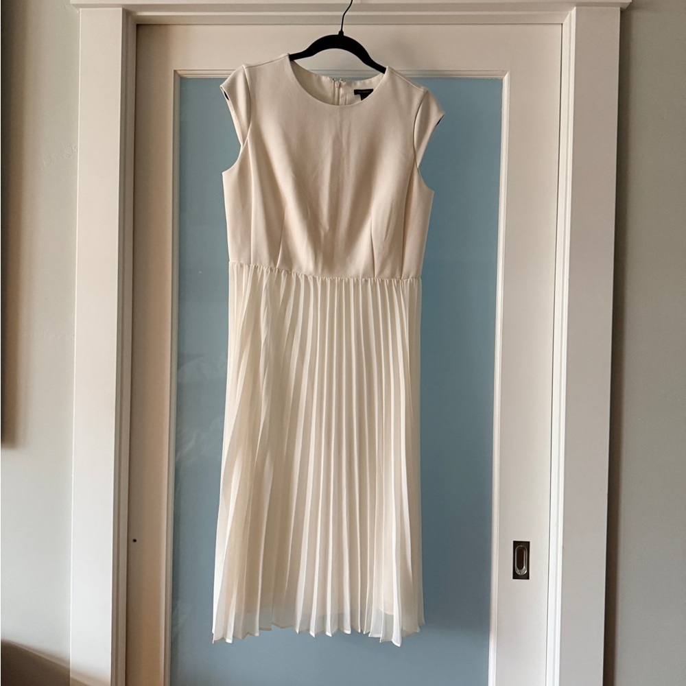 Ann Taylor Cream Midi Dress with Pleated Skirt